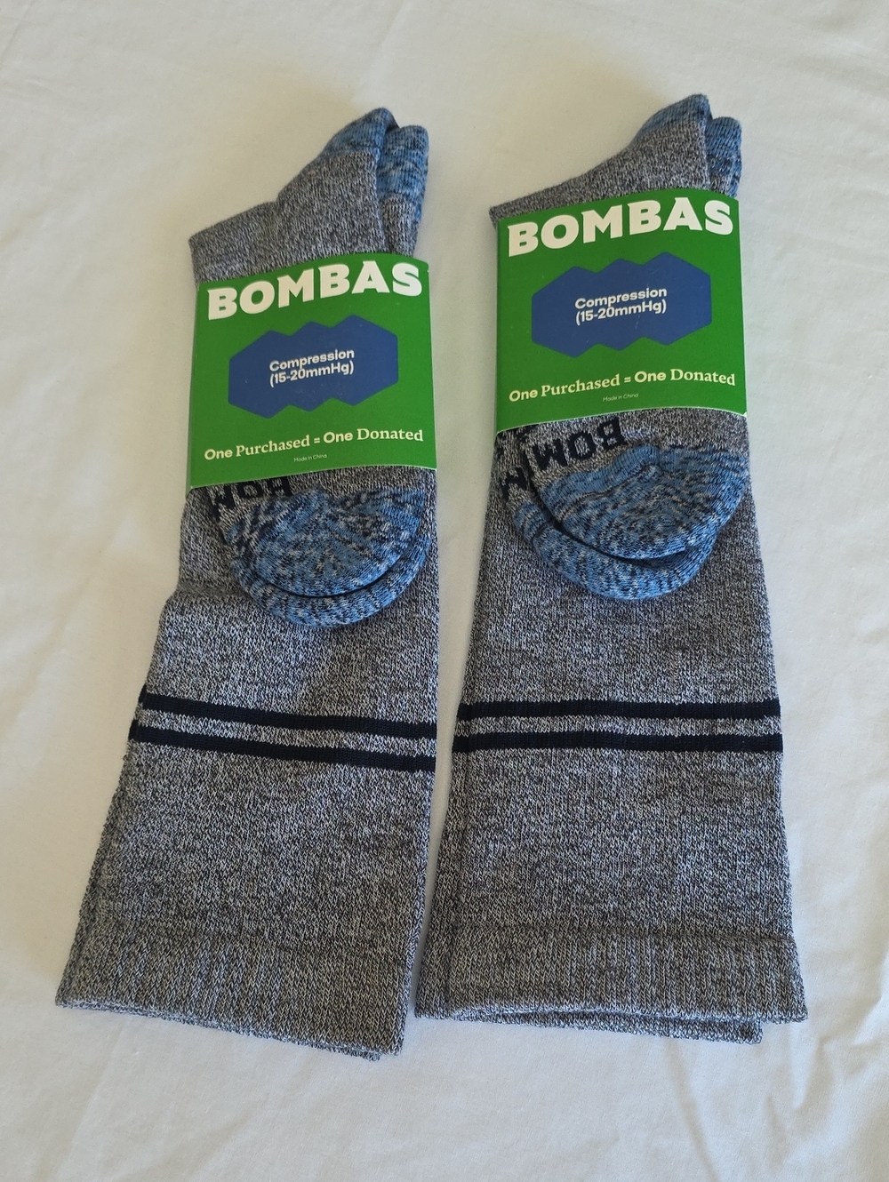 Bombas Grey & Blue Compression Crew Socks - 15-20 mmHg